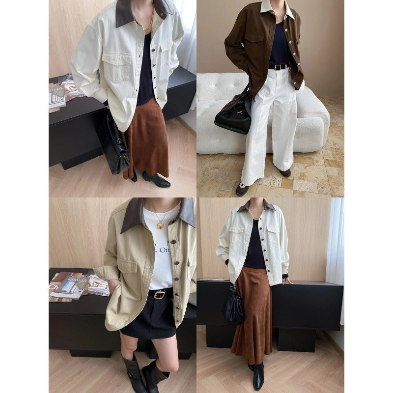 Damen Utility-Hemdjacke Kontrastkragen Praktische Taschen Norvielle