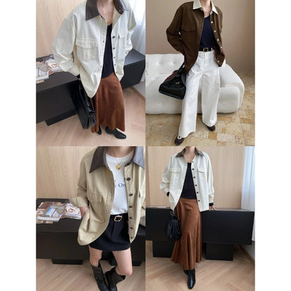 Damen Utility-Hemdjacke Kontrastkragen Praktische Taschen Norvielle