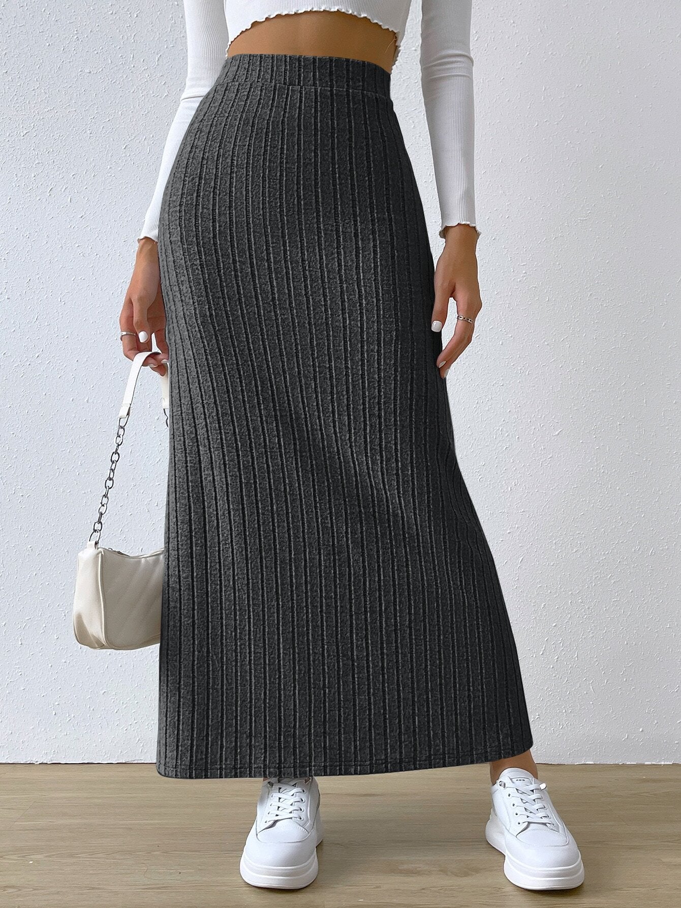 Damen Maxirock Rippendesign Seidenlook