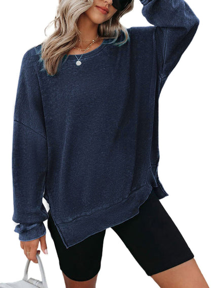 Damen Waffelpullover Mit Seitenschlitzen Norvielle
