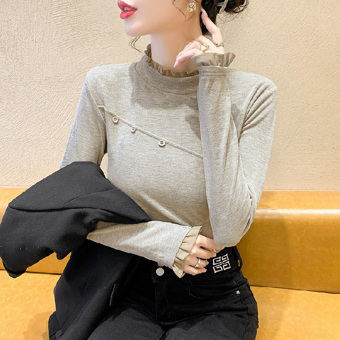 Damen Longsleeve-Shirt Dekorativ Knöpfe Raffungen Norvielle
