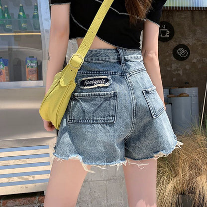 Damen Jeansshorts Fransensäume Stickdetail Blau - Norvielle