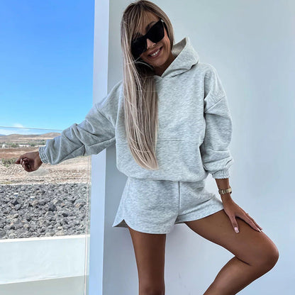 Damen Hoodie und Shorts Minimalistisch Beige