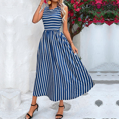 Damen Maxikleid mit seitlichem Schlitz Streifenmuster