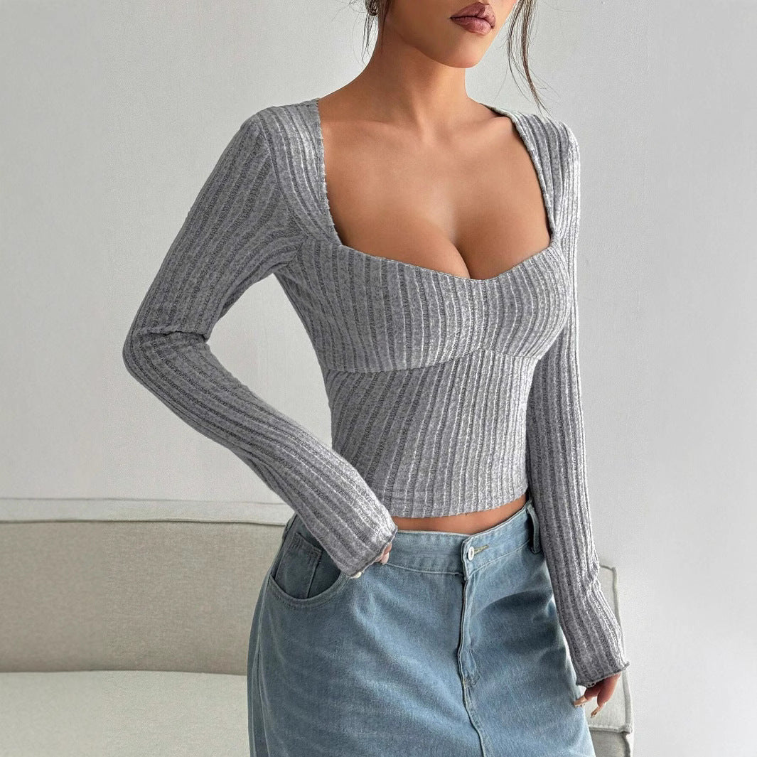 Damen Langarm Crop- Rippstruktur V-Ausschnitt Norvielle