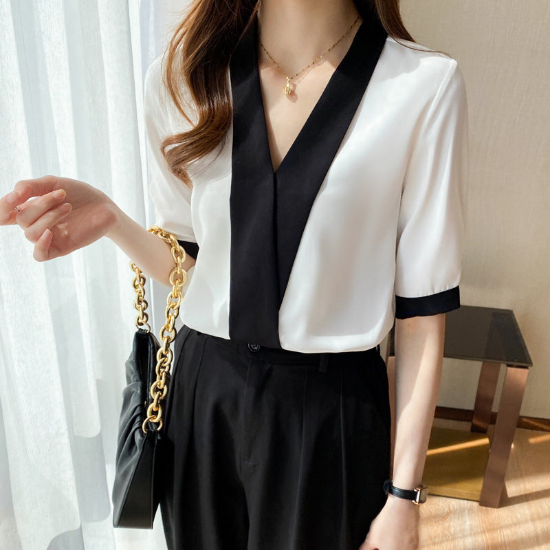 Damen Bluse V-Ausschnitt Elegantes Design Farbkontrast