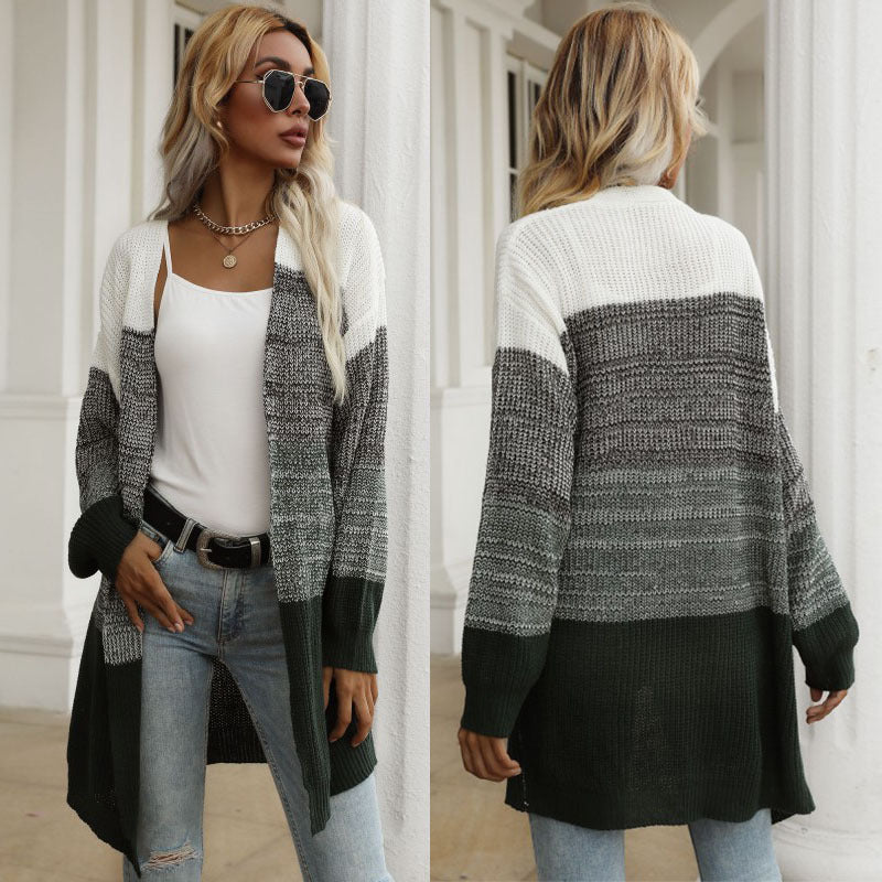 Damen Strickcardigan Lässig Blockstreifen Weite Ärmel Beige