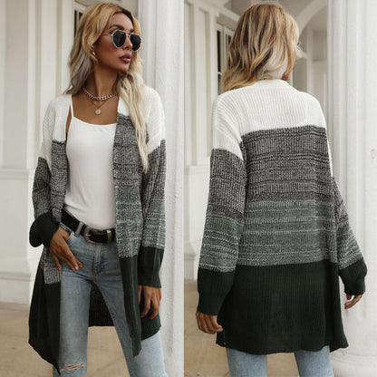 Damen Strickcardigan Lässig Blockstreifen Weite Ärmel Beige