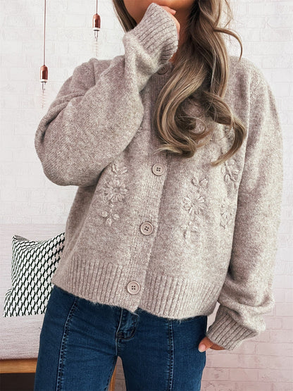 Damen Strickcardigan locker mit Blumenapplikationen und Knöpfen