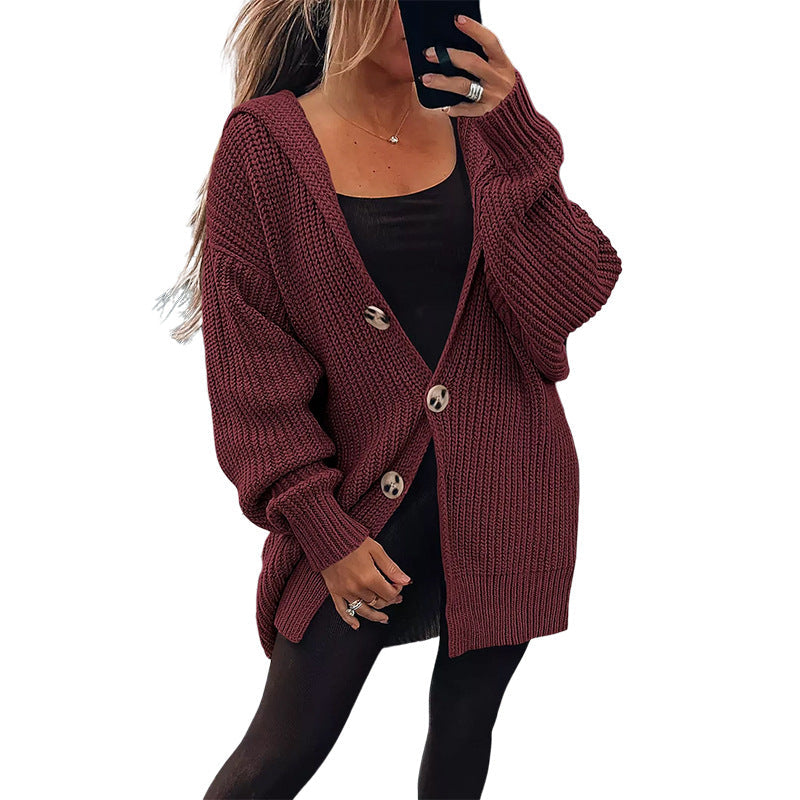 Damen Oversize Strickjacke Weiches Material Holzknöpfe Beige