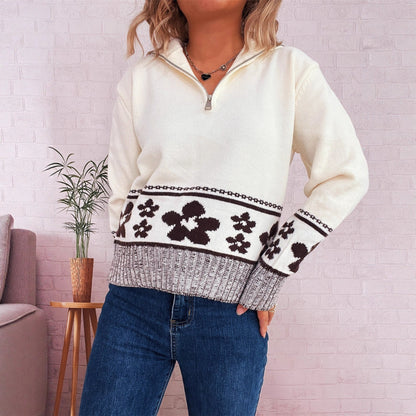 Damen Strickpullover Florales Muster Hoher Kragen Norvielle