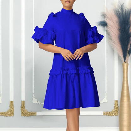 Damen Midikleid Voluminöse Rüschenärmel Stehkragen Norvielle