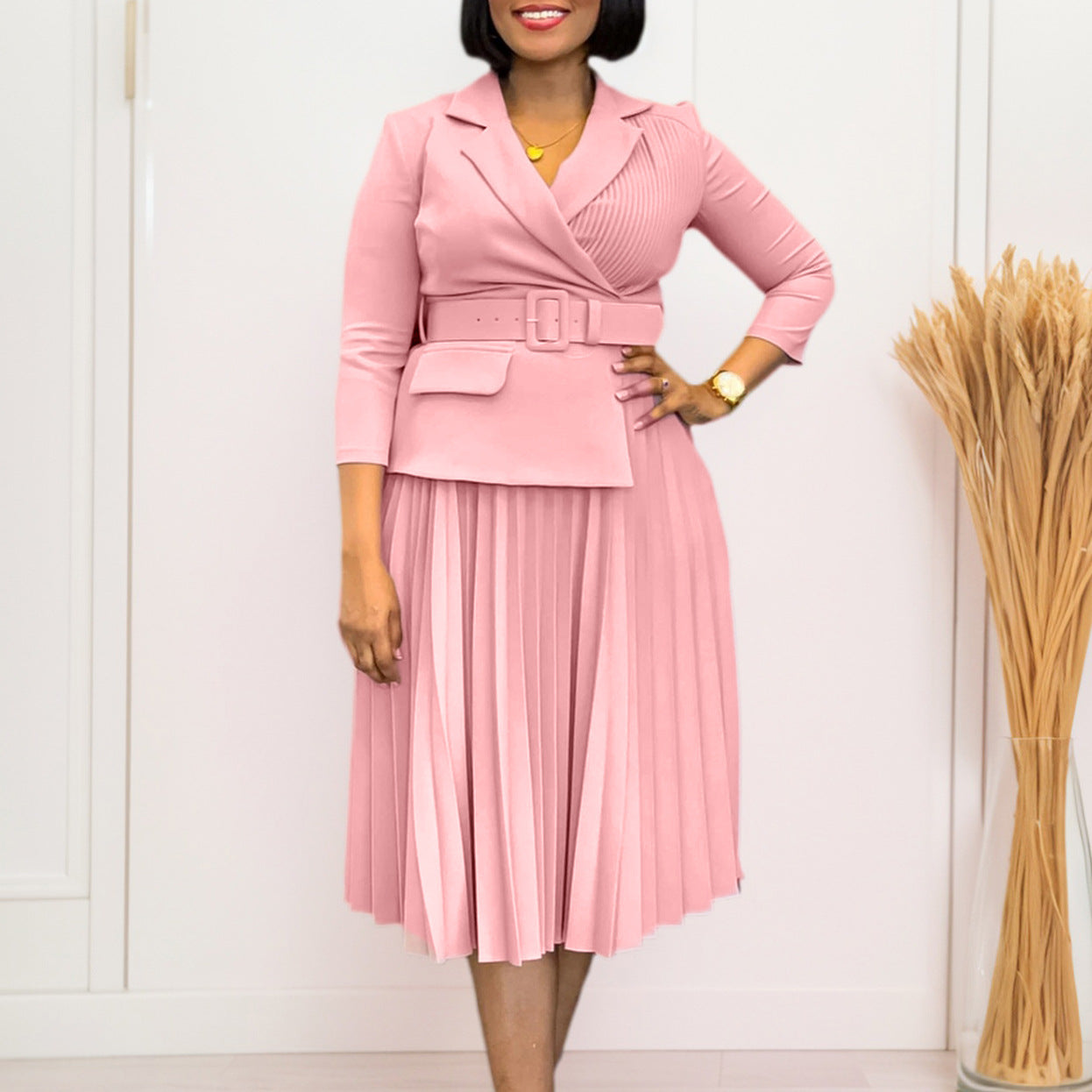 Damen Blazer-Kleid mit Taillengürtel und Plissee Optik