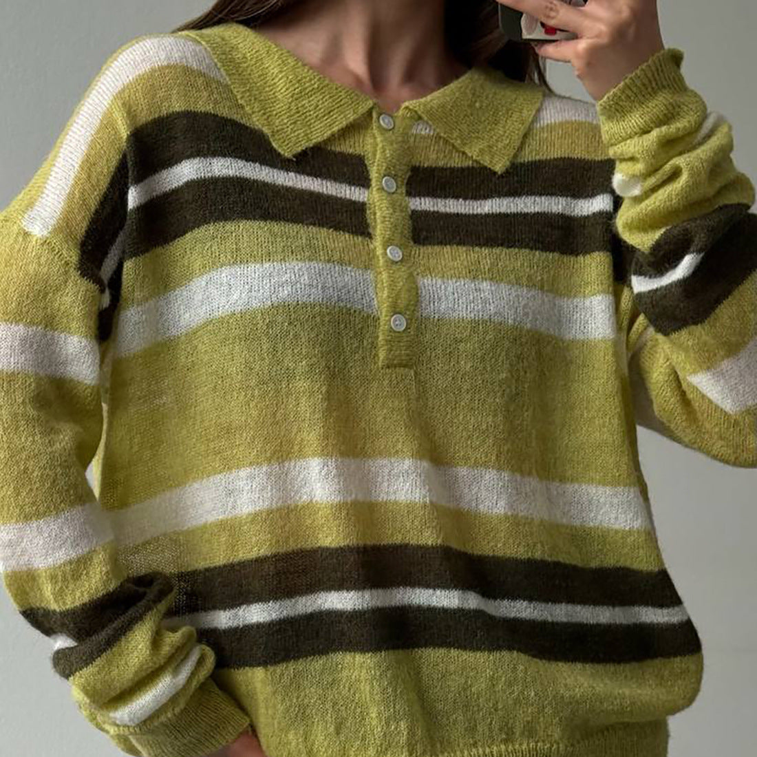 Damen Grobgestrickter Pullover Polo-Kragen Blockstreifen - Norvielle