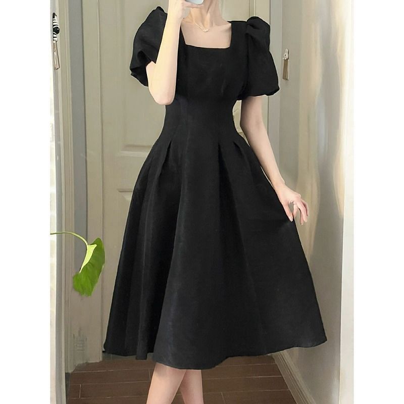 Damen Midi-Kleid Quadratischer Ausschnitt Voluminöse Ärmel