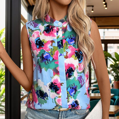 Damen Ärmellose Bluse Florales Design Stehkragen Norvielle