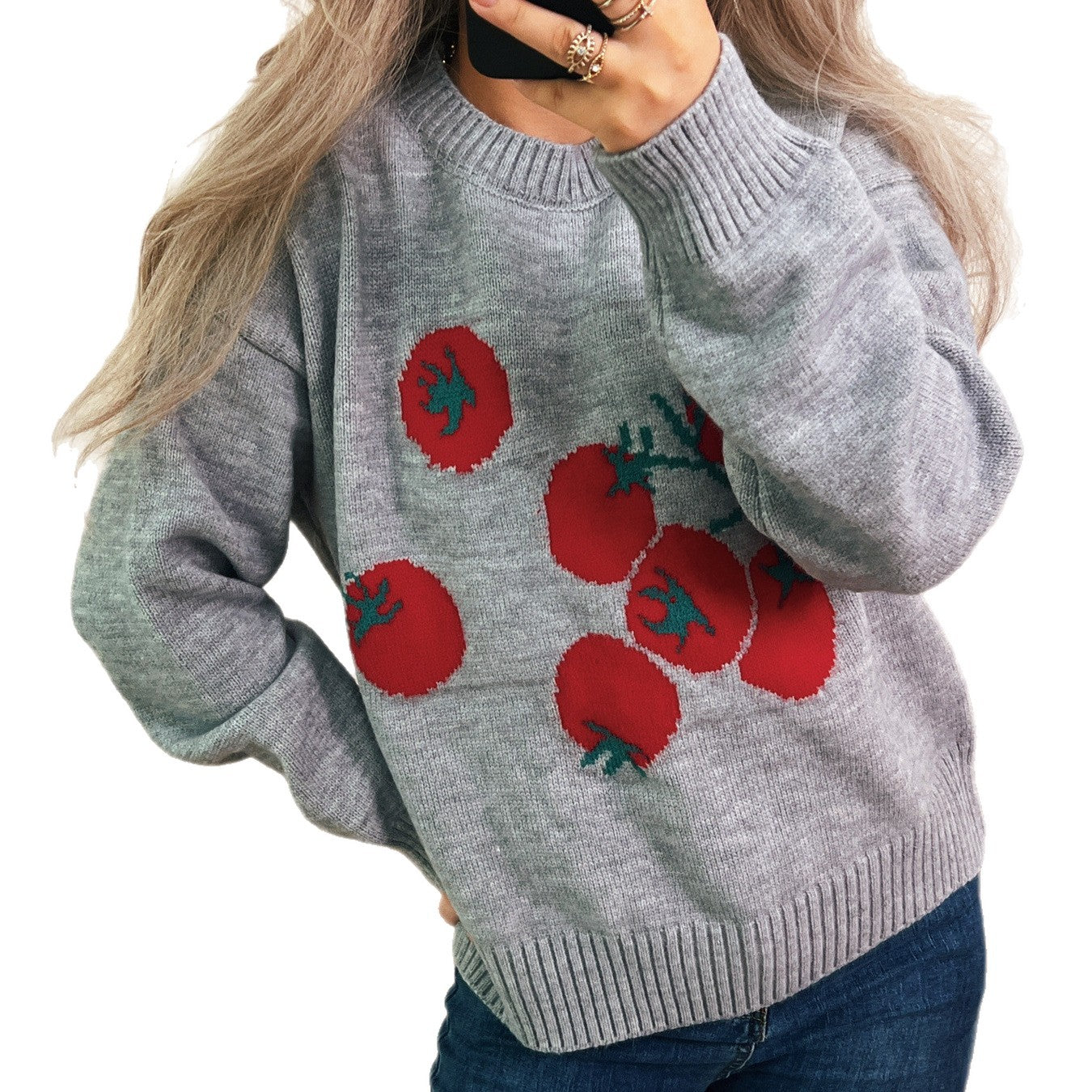 Damen Strickpullover Tomatenmuster Lässiger Schnitt Norvielle