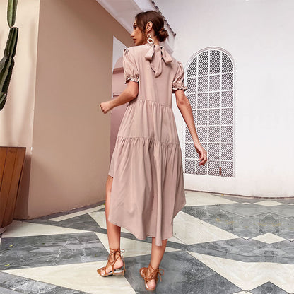 Damen Sommerkleid mit Puffärmeln Asymmetrischer Saum Norvielle