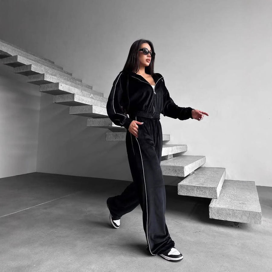 Damen Fleece-Jogginganzug Kapuze Kontrastpaspel Schwarz - Norvielle