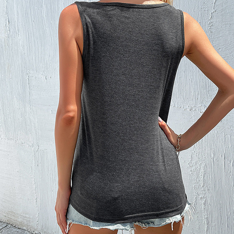 Damen Ärmelloses T-Shirt Asymmetrisch Knopfdetails Weiß