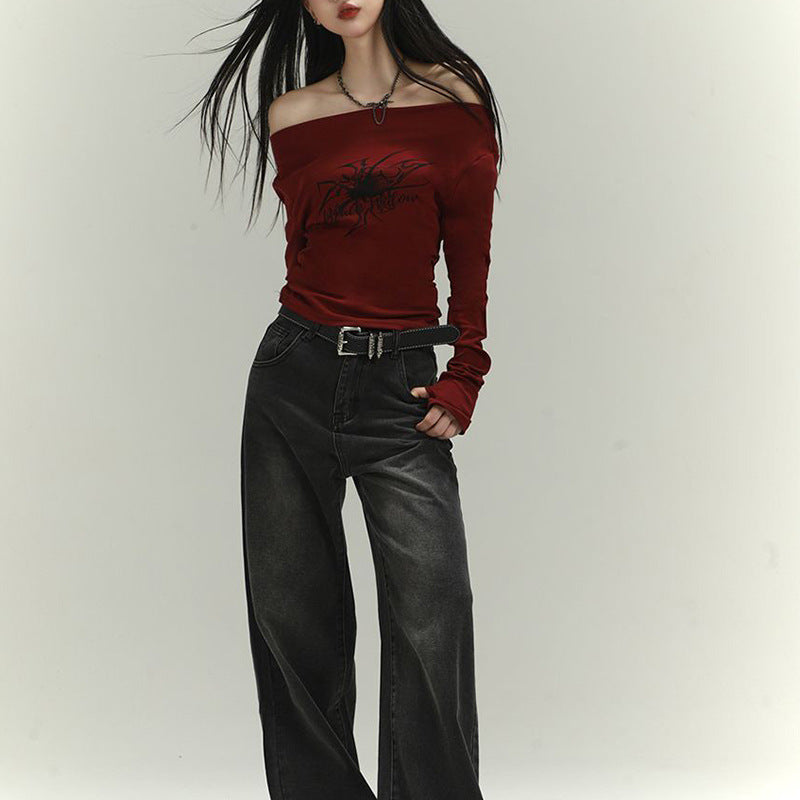 Damen Langarmshirt Asymmetrischer Ausschnitt Grafikdruck
