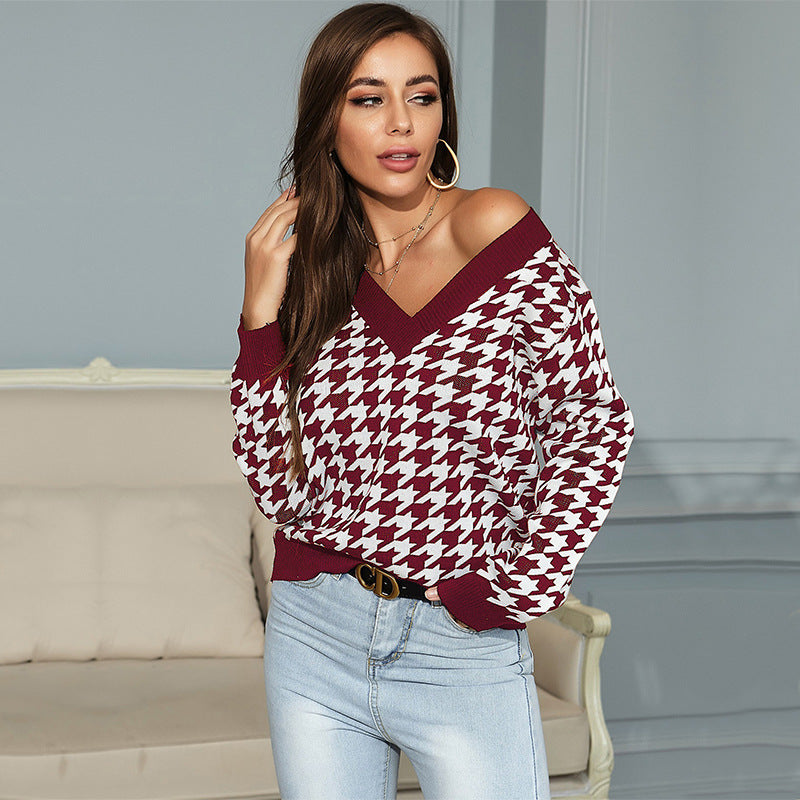 Damen Pullover V-Ausschnitt Hahnentrittmuster Norvielle - Norvielle