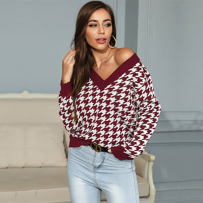 Damen Pullover V-Ausschnitt Hahnentrittmuster Norvielle - Norvielle