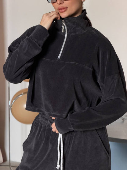 Damen Cropped Sweatshirt Halb Reißverschluss Weite Hose Norvielle