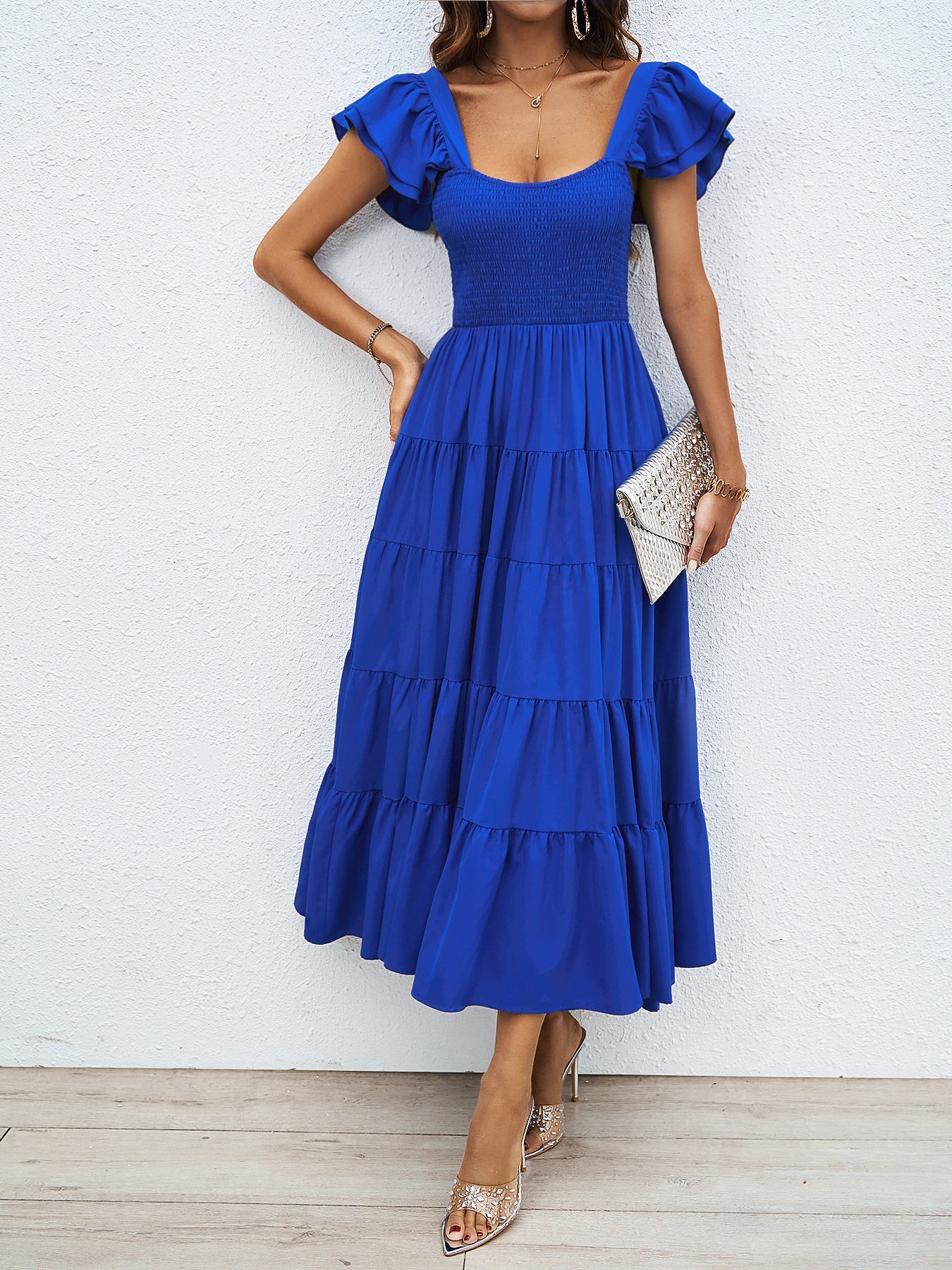 Damen Maxi-Kleid Voluminöse Puffärmel Gerafftes Oberteil Norvielle