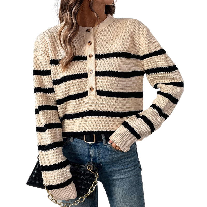 Damen Strickpullover Lässig Gestreift Mit Knöpfen Beige