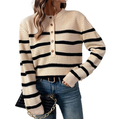 Damen Strickpullover Lässig Gestreift Mit Knöpfen Beige