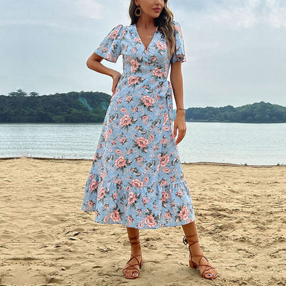 Damen Maxikleid Floralmuster Rüschensaum Norvielle - Norvielle