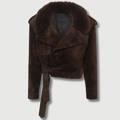 Damen Bikerjacke Wildleder Abnehmbarer Fellkragen