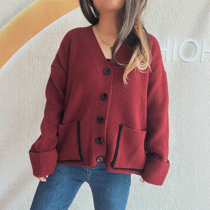 Damen Strickcardigan Weich V-Ausschnitt Große Taschen Beige