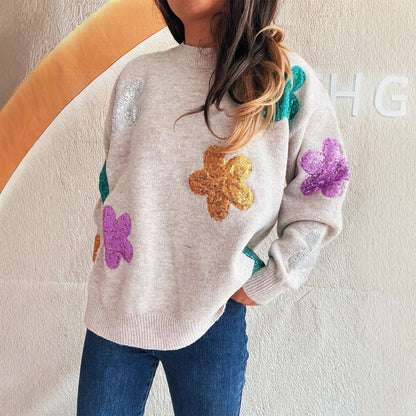 Damen Pullover Bunt Paillettenblumen Norvielle