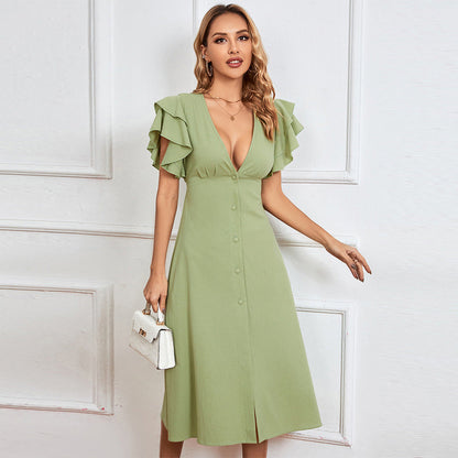 Damen Midikleid Rüschendetails Knopfleiste Norvielle