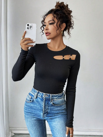 Damen Langarmshirt Asymmetrisch Cut-Out-Design Ringdetails