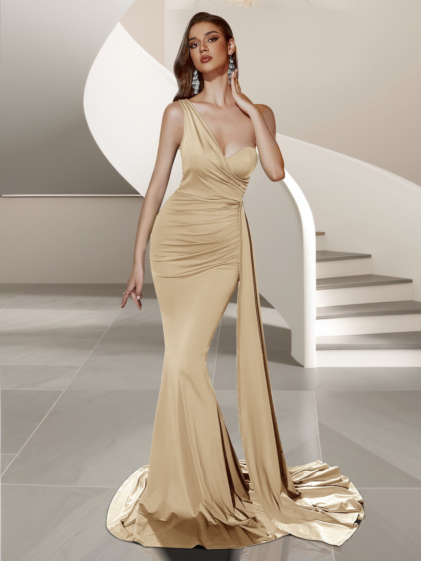 Damen Abendkleid Asymmetrisch Fließender Stoff