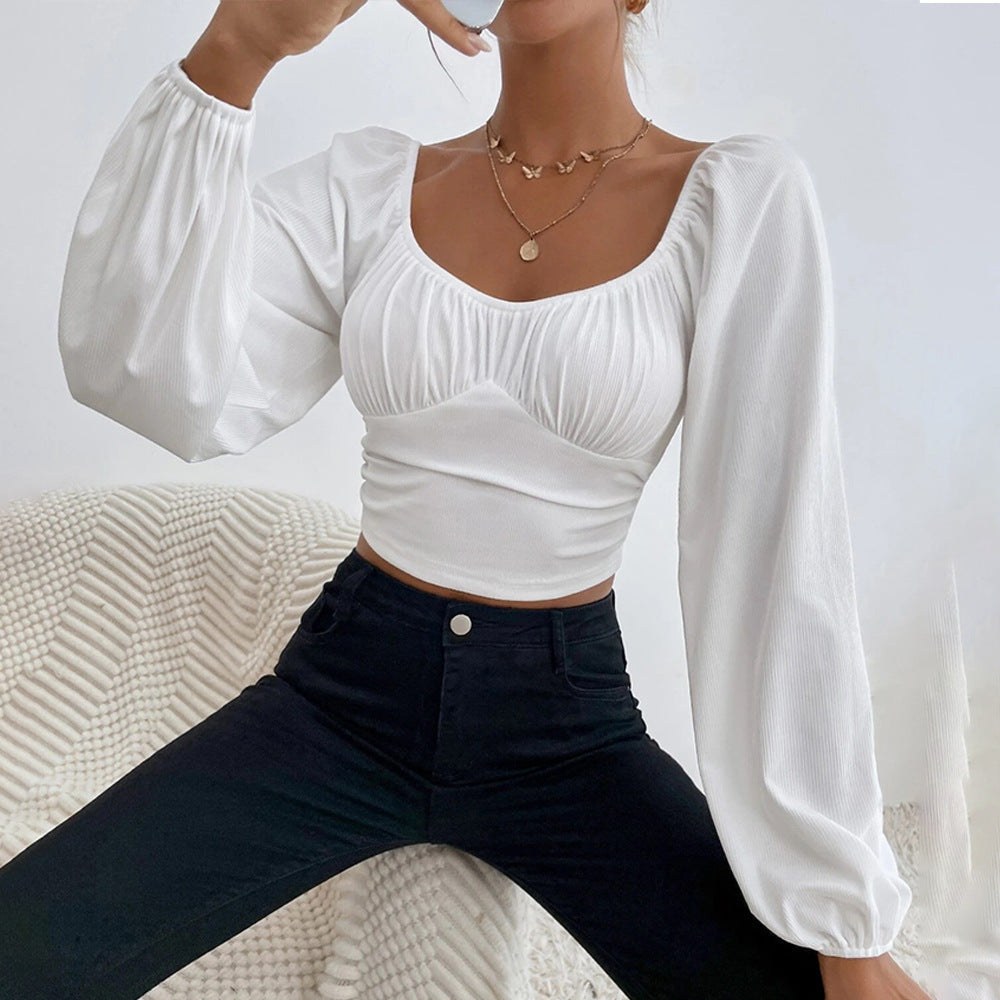 Damen Cropped Oberteil Puffärmel Figurbetonter Stil