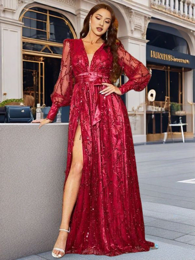 Damen Abendkleid Pailletten Tiefes Dekolleté