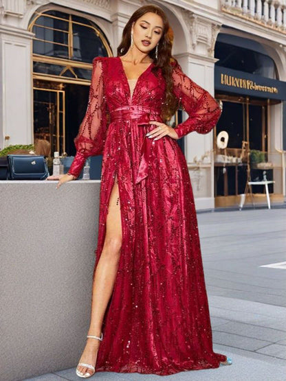 Damen Abendkleid Pailletten Tiefes Dekolleté