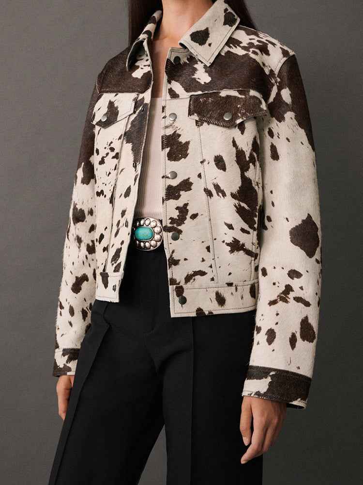 Damen Kuhfleck-Jacke Reverskragen Druckknopfverschluss