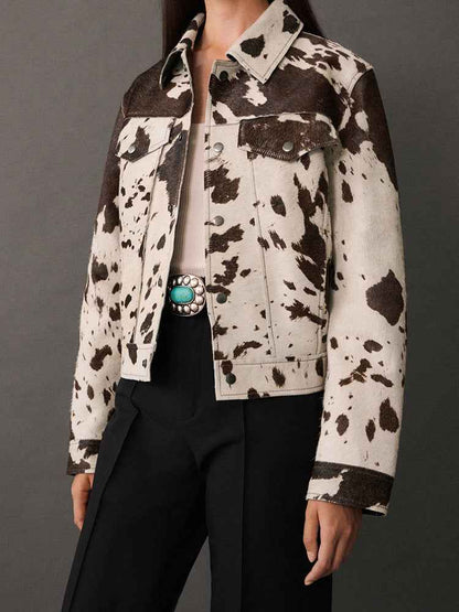 Damen Kuhfleck-Jacke Reverskragen Druckknopfverschluss