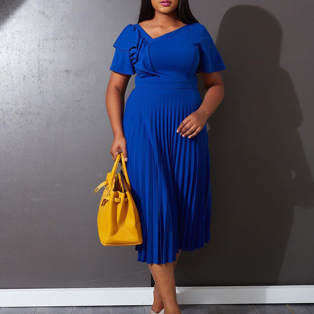 Damen Plisseekleid V-Ausschnitt Rüschen