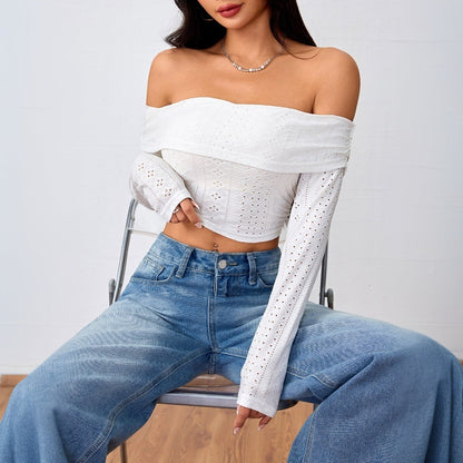 Damen Off-Shoulder Crop- mit langen Puffärmeln und Lochstruktur
