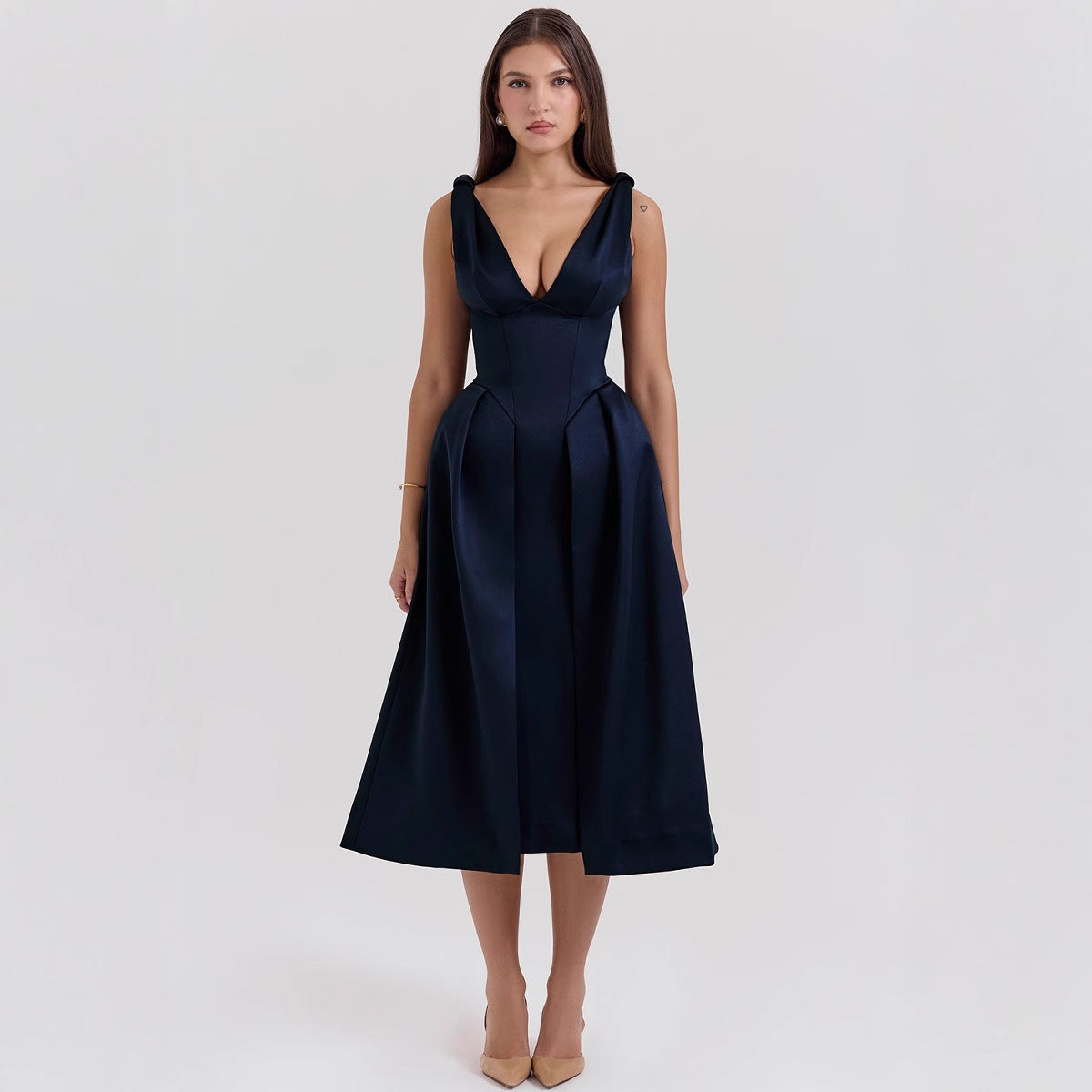 Damen Midikleid V-Ausschnitt Falten Norvielle