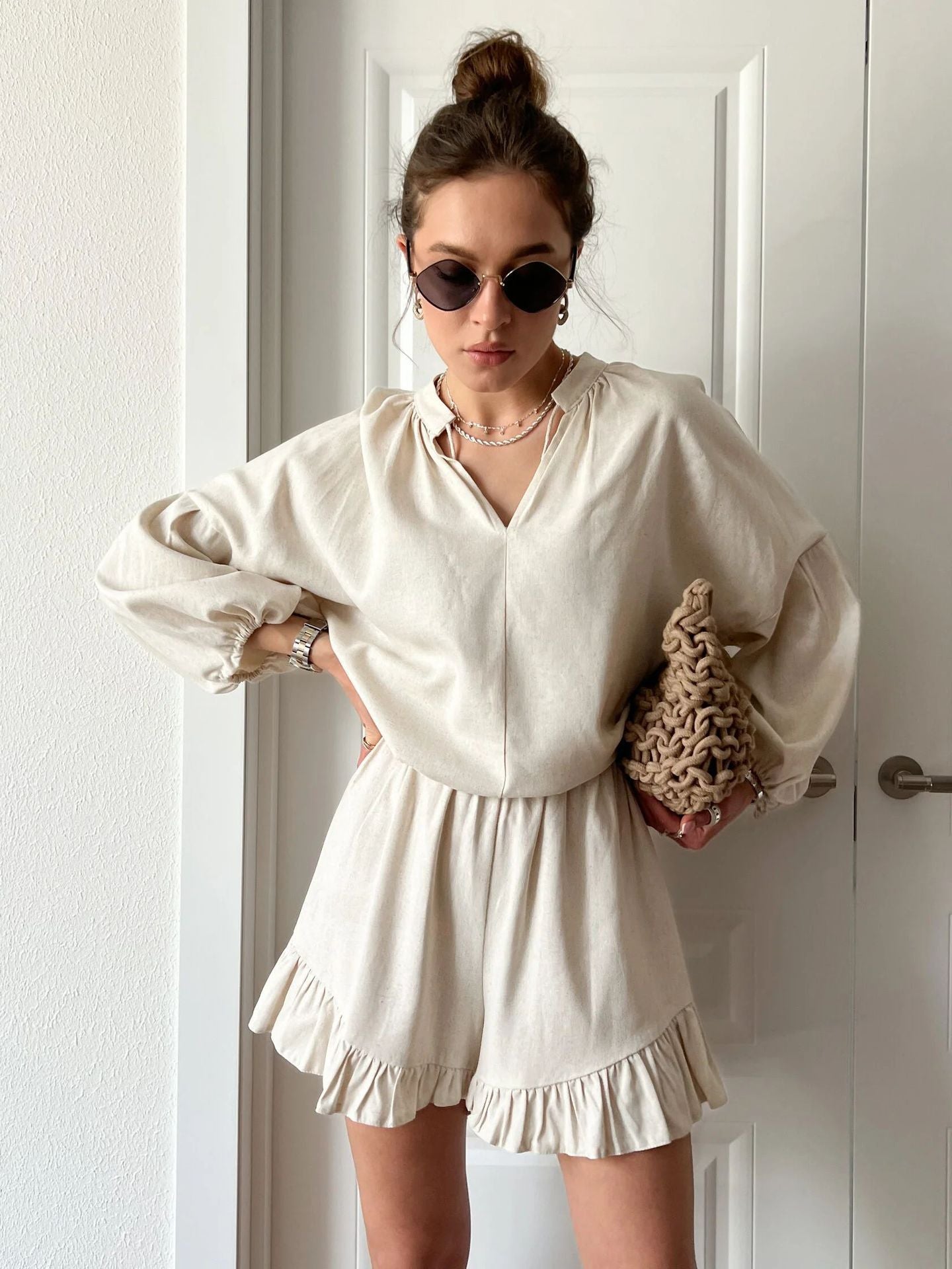 Damen Blusen-Shorts-Set mit Rüschendetails Weites Design