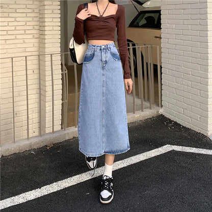 Damen Maxi-Denimrock Hochtaillierter Bund Seitenschlitz Blau - Norvielle