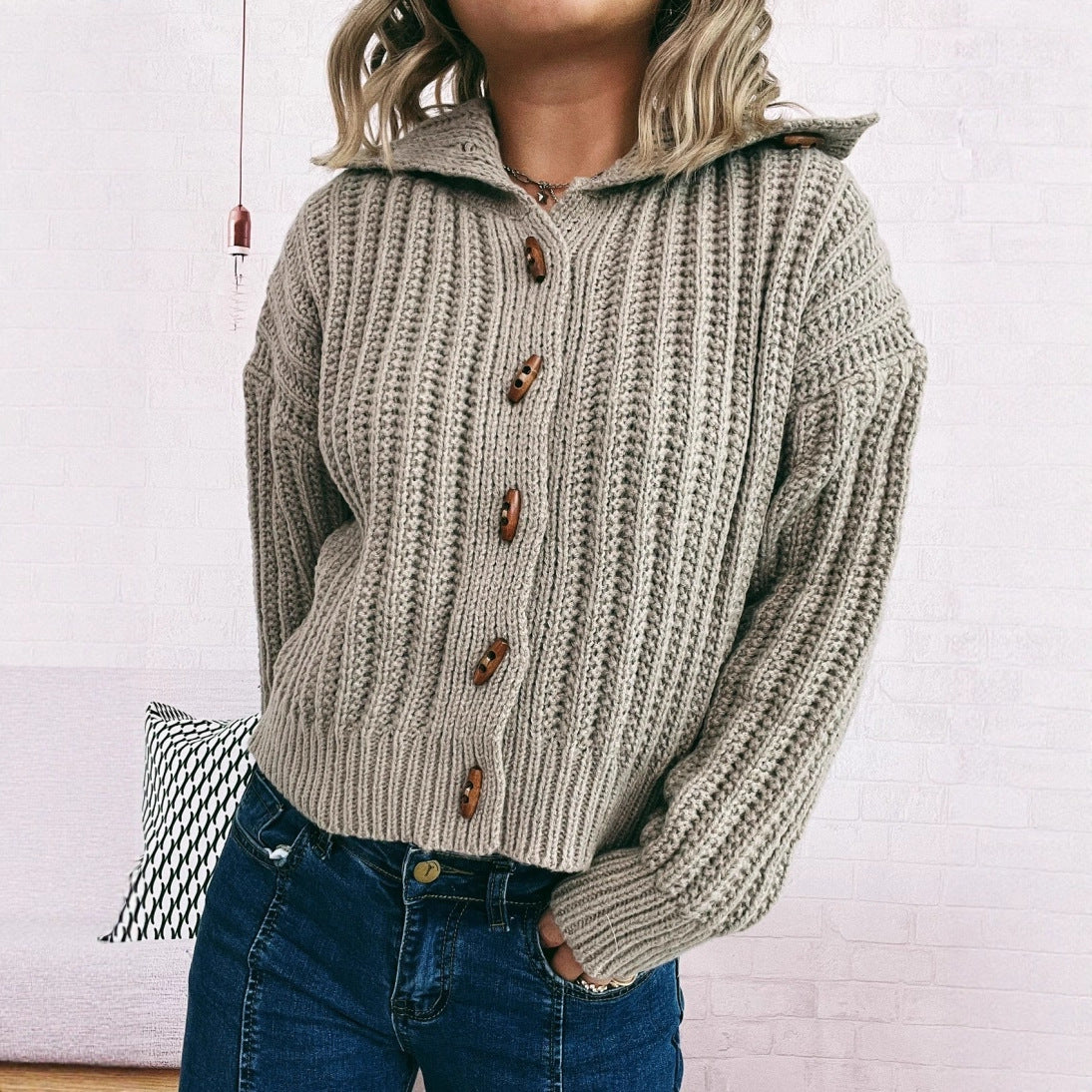 Damen Strickcardigan Mit Kapuze Knöpfe Beige