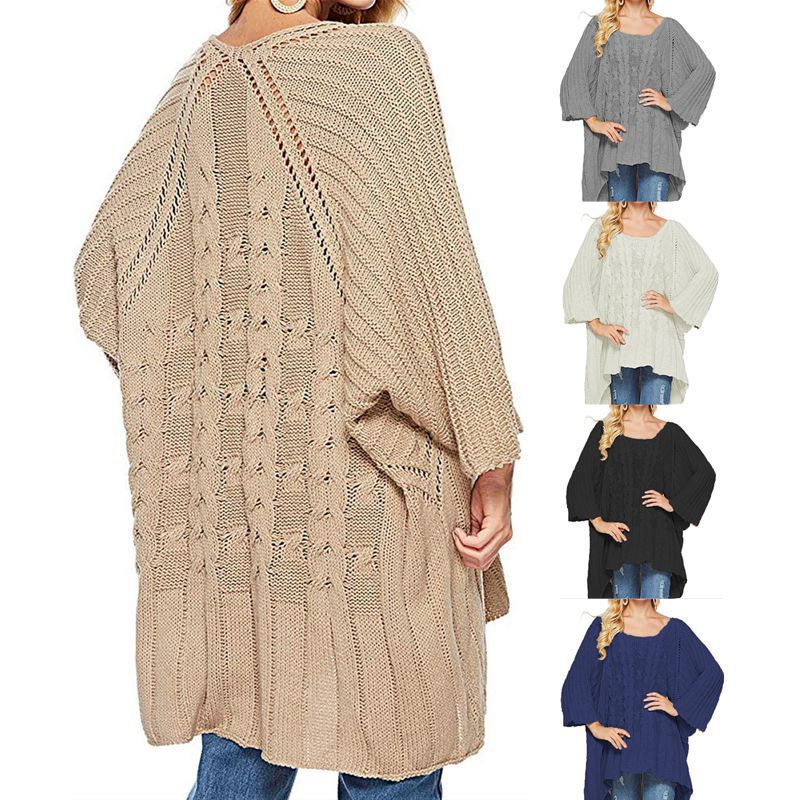 Damen Grobstrick-Poncho Zopfmuster Weite Ärmel Norvielle - Norvielle